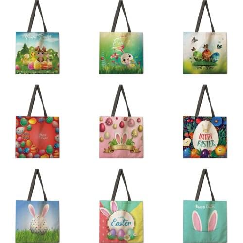 Easter Bunny Printed Tote Bag Shoulder Bag Linen Fabric Casual Tote Bag Foldable Shopping Bag Reusable Beach Bag
