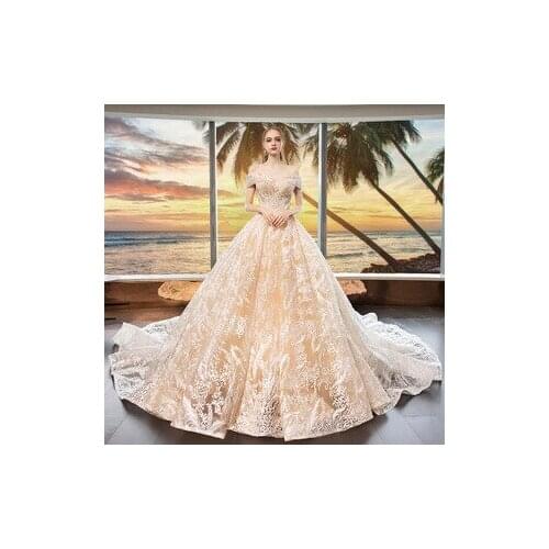 Wedding Dress 2020 Gryffon Luxury Wedding Gown Classic Boat Neck 1.3m Train Ball Gown Princess Luxury Lace Vestido De Noiva