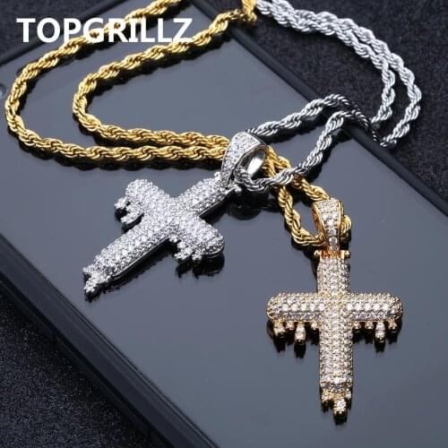 TOPGRILLZ Mens Hip Hop Religious Drop Cross Pendant Necklace Gold Silver Color Cubic Zircon Jewelry Necklaces Gifts Rope Chain