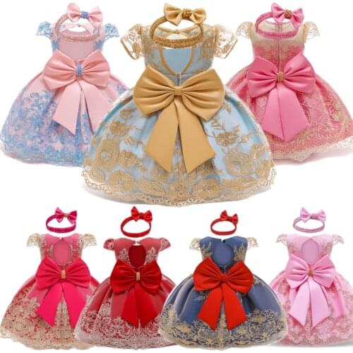 2021 Spring & Summer Baby Girl Clothes Princess Party Dresses 1st Birthday Embroidery Lace Kids Dresses for Girls Wedding Gown