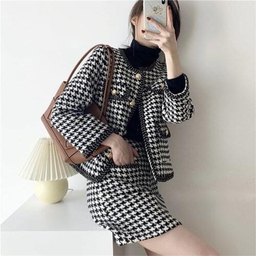 High-quality temperament light luxury skirt suit Women New houndstooth jacket + high waist skirt short skirt two-piece Female