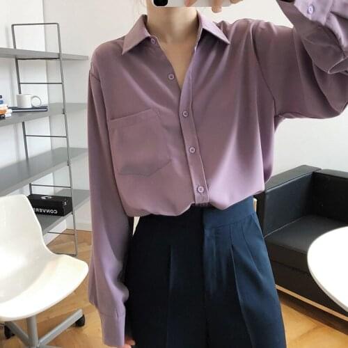 High Quality Chiffon Blouse Autumn New French Style Shirt For Women Simple Drape Big Pockets Loose Big Size Casual Soft Shirts