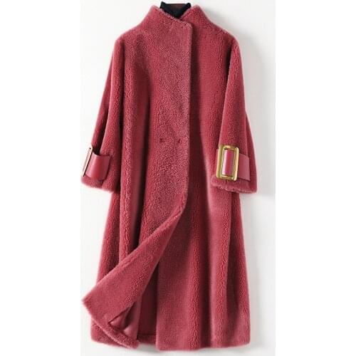 High Quality Natural Real Sheepskin Thick Jackets Luxury Streetwear Warm Female Woolen Coat Hot Sell Red Outerwear with Pockets