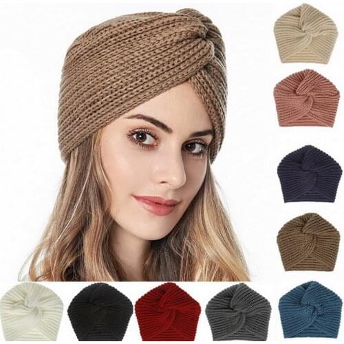 Boho Style Women Knot Bandanas Cycling Knitting Warm Muslim Scarf 2021 Autumn Winter Turban Cap Solid Color Cross Headscarf