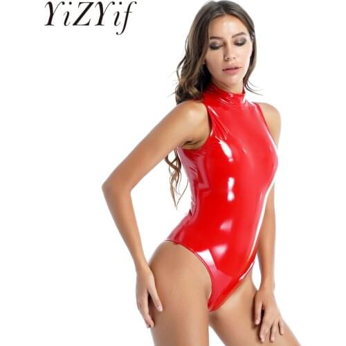 Womens Zipper Back Mock Neck Rave Bodysuit Wet Look Patent Leather Catsuit One-piece High-cut Tight Jumpsuit for Pole Dancing