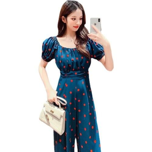 Sexy Dot Print Jumpsuits Women Square Collar Puff Sleeve High Waist Korean Rompers Women Elegant Slim Jumpsuit Female LD2123
