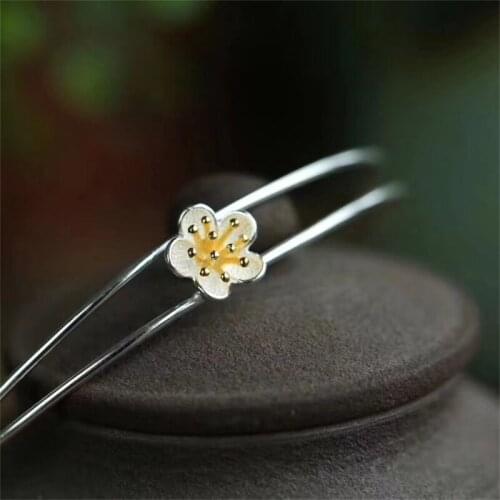 Uglyless Real Silver Ethnic Hollow Bangles for Women Handmade Plum Blossom Open Bangles Real 925 Silver Bracelet Jewelry BA664