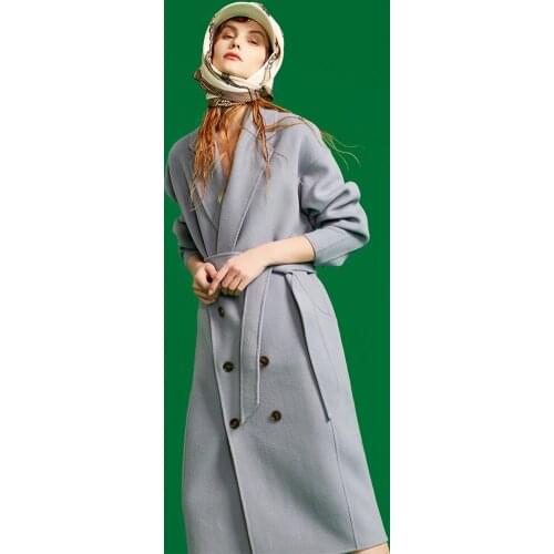 Haze blue double-sided cashmere coat womens medium and long Nizi 2021 new Hepburn wool coat