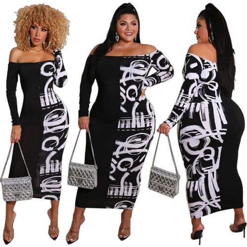 Chiclover Plus Size Dress for Women Sexy Slash Neck Elegant Outfit Long Sleeve Patchwork Print Dresses Wholesale Drop Shipping
