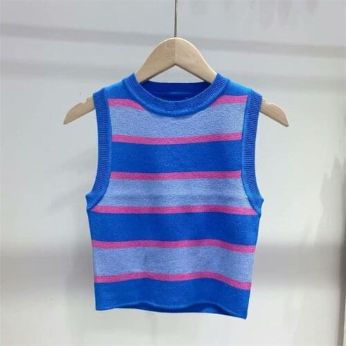 TRAF Women 2021 Fashion Striped Short Knit Vest Retro Sleeveless Round Neck Slim Womens TopS Streetwear