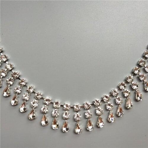 1 yard Silver Rhinestones Trim Water Drop Glass Tassel Crystal Metal Chain For Dress Bag Shoes Accessories Decoration