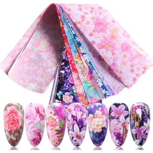 10pcs Colorful Flowers Print Stickers On Nails Foils Starry Sky Wraps Transfer Decals For Manicure Nail Art Decorations SAXK139