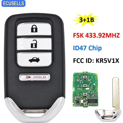 3+1/4 Button Smart Remote Car Key (Car) FSK 433.92MHz ID47 47 Chip For Honda Acura MDX RDX ILX TLX Civic Accord FCC ID: KR5V1X
