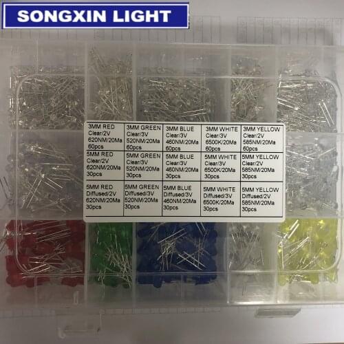 3mm and 5mm Diffused and Clear Assorted LED Kit 5 Colors for Arduino (Pack of 600) Red Green Blue White Yellow Transparents