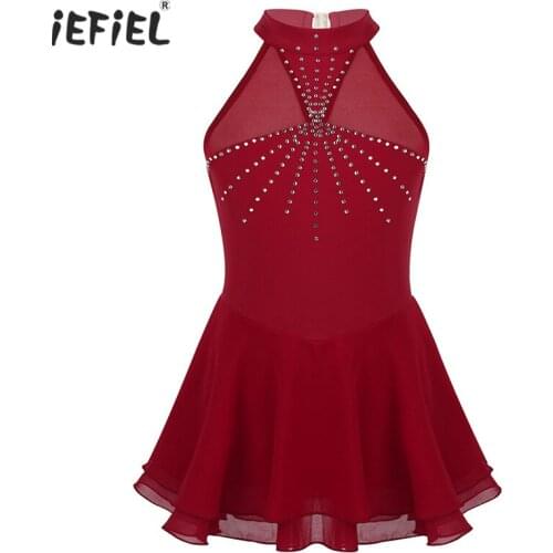 Iefiel Girls Sleeveless Halter Tutu Ballet Dress Vestidos Sparkly Rhinestone Mesh Figure Ice Skating Roller Skating Dance Wear