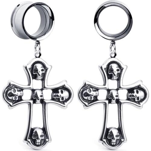 2pieces Surgical Steel Ear Plugs and Tunnels Earrings Oreja Expansiones Skeleton Cross Dangle Ear Piercing Earring Ear Reamer