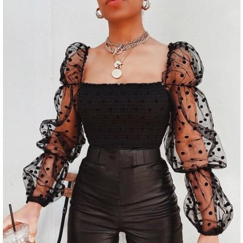 2021 New Sexy Women Wrinkled Backless Blouse Shirt Women Mesh Sheer Puff Sleeve Wrap Chest Tops Spring Autumn Ladies Dots Blouse