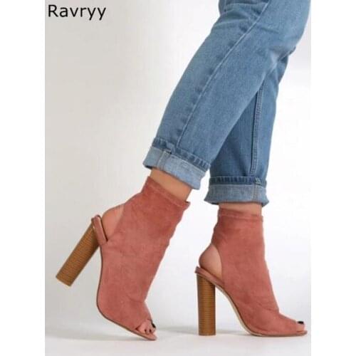 Elastic Woman Ankle Boots Slingbacks Black Suede Lather Short Boot Peep toe Concise Style Thick Heel Autumn Winter Female Shoes