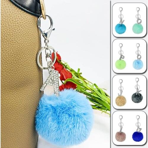 Faux Rabbit Fur Fluffy Pompom Keychains New Crystal Letters Colorful Soft Ball Key Rings Key Holder Bag Accessories