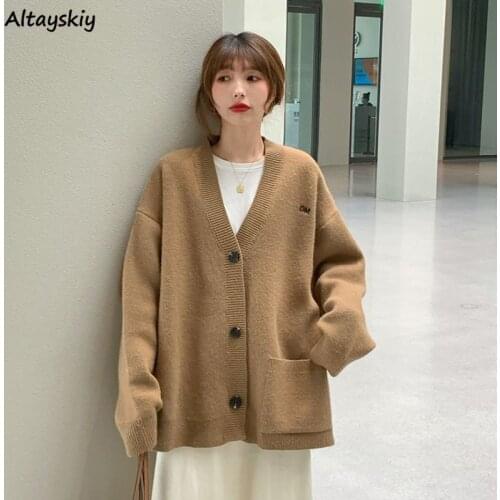 Cardigan Women Knitting Harajuku Streetwear Pockets Single Breasted Solid Elegant Lovely Chandails Fashion Warm All-match Loose