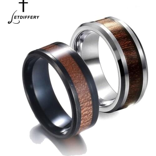 Letdiffery Stainless Steel 8 mm Vintage Nature Wood Grain Ring For Men Women Fashion Jewelry Party Gift