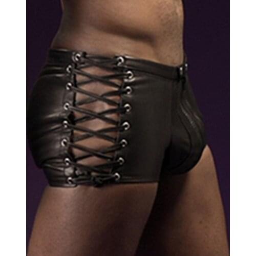 PU Leather Panty Shorts Men Lace-Up Bondage Boxer Panties Sexy Lingerie Club Wear Fetish Erotic Zipper Pants Plus Size