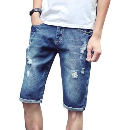 Mens Shorts 2021 Top New Straight Men Short Jeans Hole Loose Jeans Ripped Denim Pant Frayed Mens Knee Length Jeans