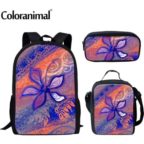 Coloranimal School Bags Set for Boys Girls Boho Polynesian Hibiscus Printed Bagpack Kids Schoolbags Backpack Lunch Pencil Bags