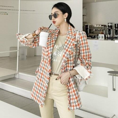 New arrival fashion korean women temperament ladies double-breasted houndstooth jacket long sleeve wild wool blends jacket