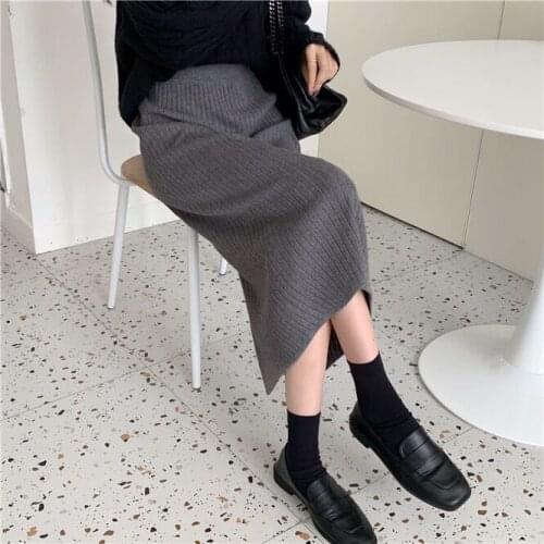 2021 Autumn Winter Womens Medium Length One-step Skirt A-line Pants Girls' Knitted Wool Skirt Leisure Commuting Gray