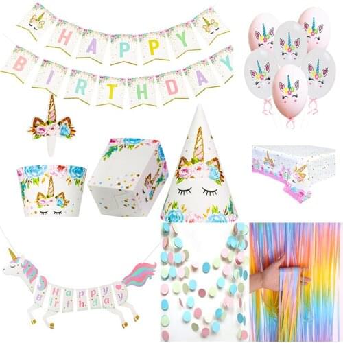 Pink Girl Unicorn Party Tassel Birthday Banner Balloons Popcorn Box Tablecloth Paper Hats Circle Garlands Baby Shower Decoration