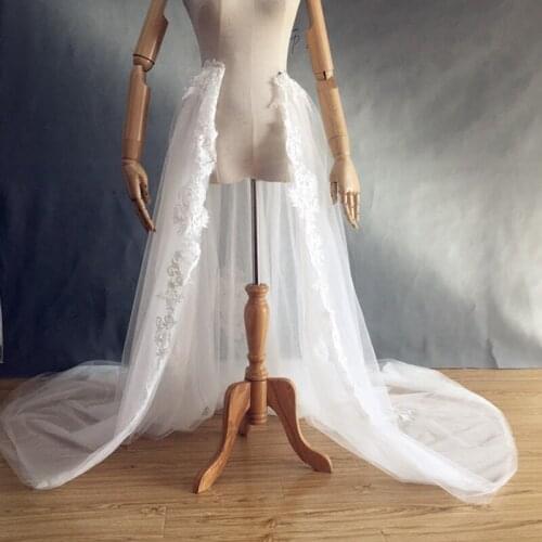 Removable Bridal Skirt Soft Tulle White Lace Appliqued Detachable Bridal Overskirt Floor Length For Bridal Wedding Accessories