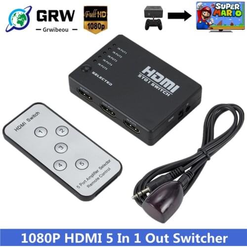 Grwibeou HDMI Splitter 5 In 1 Out Switcher 5 Port Hub Box Auto Switch 5x1 1080p HD 1.4 With Remote Control for HDTV XBOX360 PS3