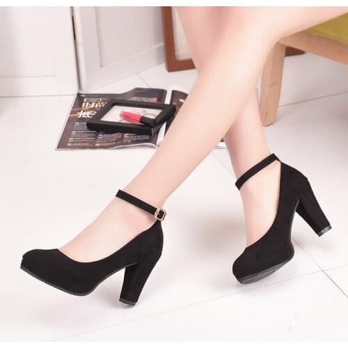 Womens Fashion Pumps Sweet Woman Thick High Heels Ankle Strap Flock Female Platform Mary Jane Women Shoes Ladies Footwear