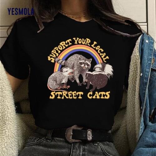 YESMOLA Womens T Shirts Support Your Local Street Cats Funny Harajuku 90s Top Tee Women Hip Hop Loose Fashion Casual Tops