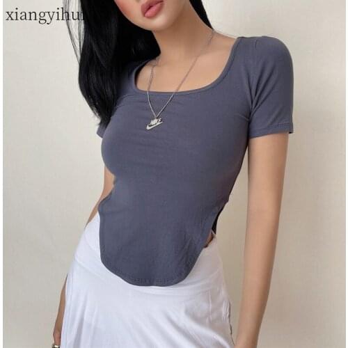 Sexy Irregular U Collar Thin T-shirt Women Cropped Tops Summer New Casual Basic Short Sleeve Black White Grey Pink Tshirts Tee
