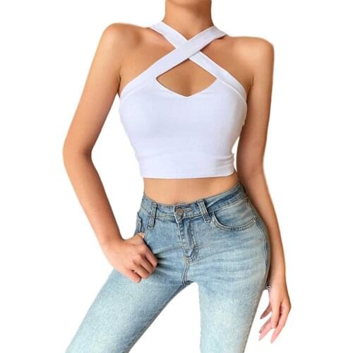 Women Fashionable Solid Color Cross Hanging Neck Short Camisole Hollow Slim Midriff-baring Vest for Dating Vacation
