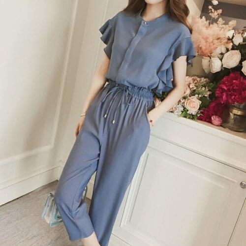 2020 Summer Solid Lotus Leaf Sleeve Two Piece Set Female Chiffon Sexy Loose Casual Wide Leg Pants Women Suits Plus Size 3XL F238