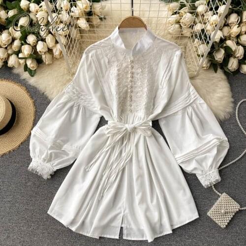 Ordifree 2021 Spring Autumn Women White Chiffon Mini Dress Lace Crochet Slit Pleated Belted Vintage Short Party Dress