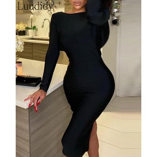 Women Zipper Decor Slit Long Sleeve Bodycon Dress