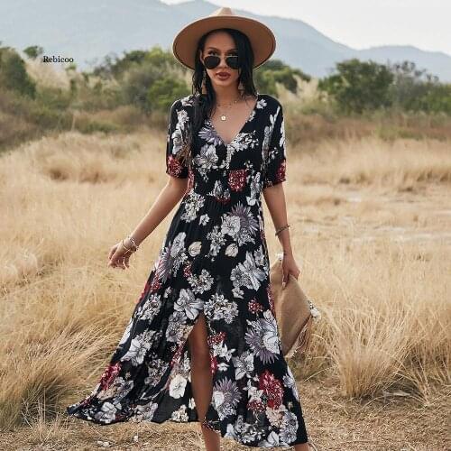 Women Boho Printing High Waist Dress New Casual V-Neck Button Long Dresses Beach Holiday Sundress Vestidos