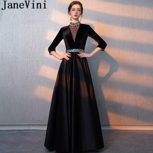 JaneVini Saudi Arabia 2019 Evening Dress Beaded High Neck Velvet Arabic Women Long Party Dress Elegant Crystal Satin Formal Gown