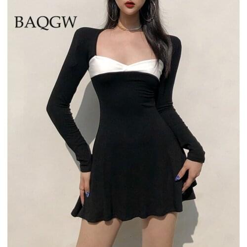 BaQGW Fashion Color Block Black Female Mini Dress Autum Party Birthday Festival Cute Sexy French Romantic Knitted Dress Women
