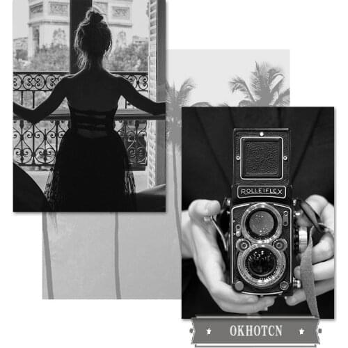 Black White Figures Canvas Painting Abstract Scandinavian Palm Tree Camera Pictures Wall Art Poster for Living Room Decor