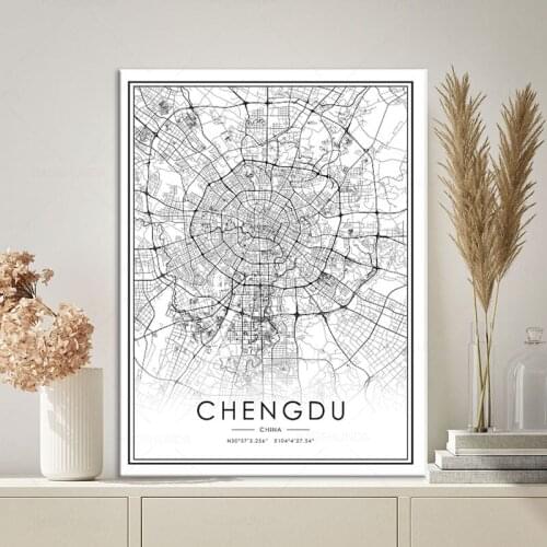 Black and white Posters CHENGDU map wall art canvas painting hd print for Living room Bedroom Bar Cafe Home Decoration framed