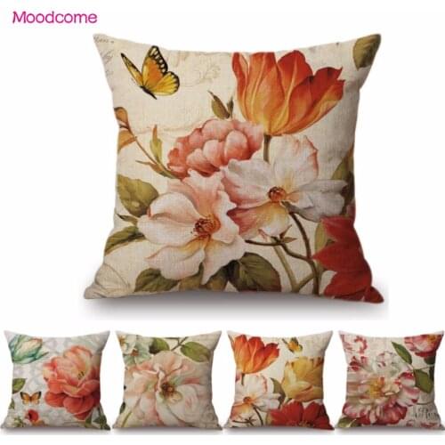 45x45 cm Watercolor Retro Flower Home Decorative Pillow Cover For Sofa Vintage Rose Lily Cotton Linen Office Chair Cushion Cover
