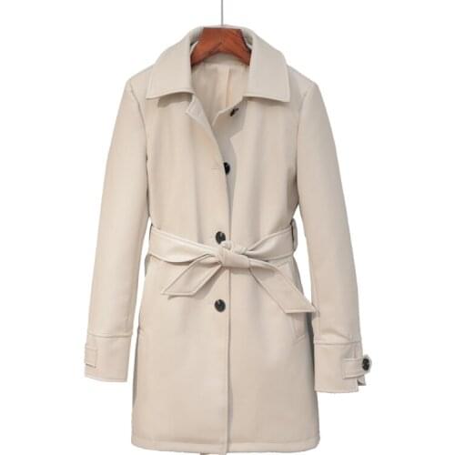 FMFSOM New Spring Women Leather Long Jacket Women Windbreaker Trench Coat Soft PU Jacket Faux Leather OL Vintage Outwear