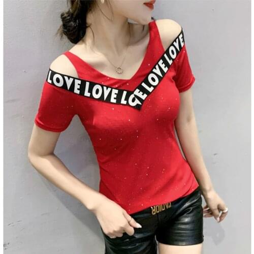 GGRIGHT 2021 Summer Cotton Black Letter Print Off The Shoulder Tops For Women Korean Clothes Womens Short Sleeve T-Shirt Femme