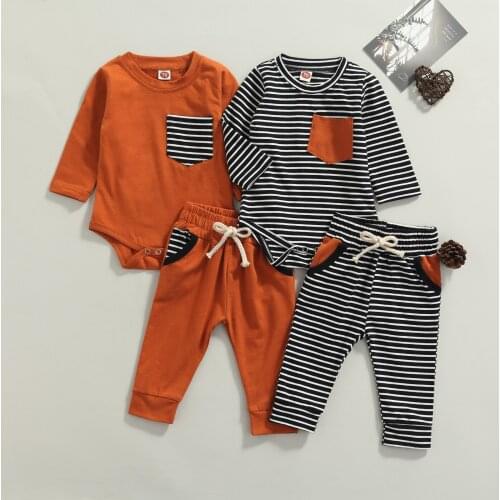 Infant Baby Boys Striped Clothes Set, Long Sleeve O-neck Romper+Drawstring Waist Trousers Spring Autumn Outfits 2021 New Fashion
