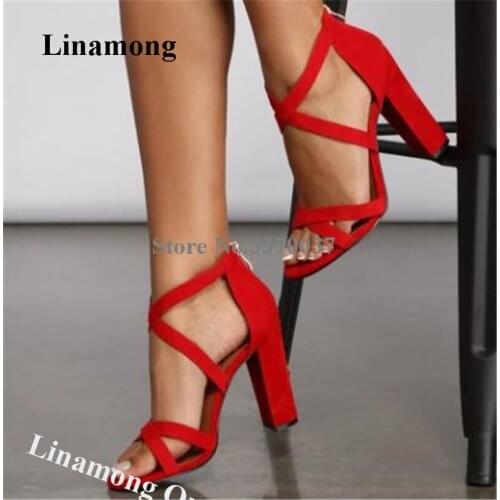Linamong Summer Fashion Open Toe Suede Leather Chunky Heel Sandals Red Black Straps Cross Thick High Heel Sandals Big Size